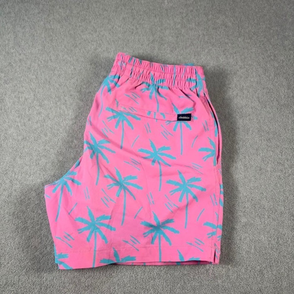 Chubbies Swim Trunks Mens S Pink Blue Palm Tree Print 5.5" Inseam Elastic Waist
